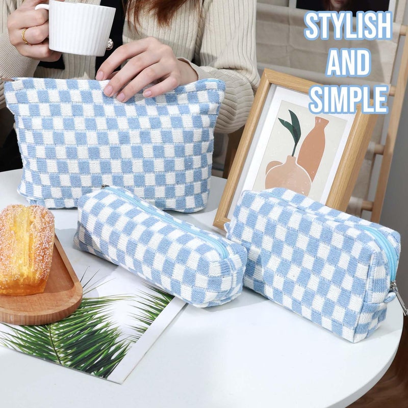Gocvo 3 Pcs Makeup Bag Cosmetic Bag Set for Girls Women Checkered Travel Organizer Bathroom Toiletry Pouch Large Capacity Storage Bag (Blue-White) - Image 5